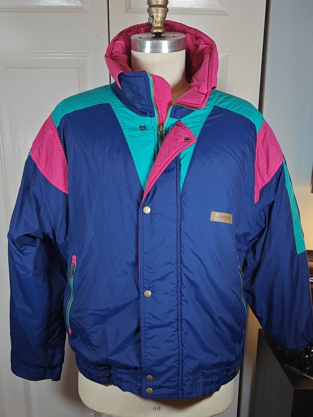 Vintage 80s White Stag Mens XL Navy Pink Teal Colorblock Puffer Jacket
